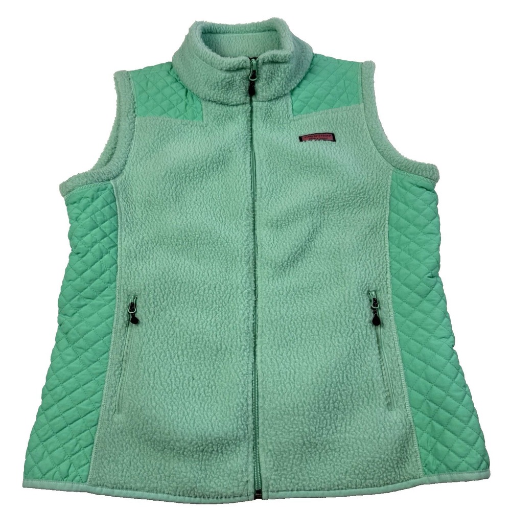 Vineyard Vines Sea View Quilted Mint Green Fleece Vest‎ Women's Size Medium Zip
